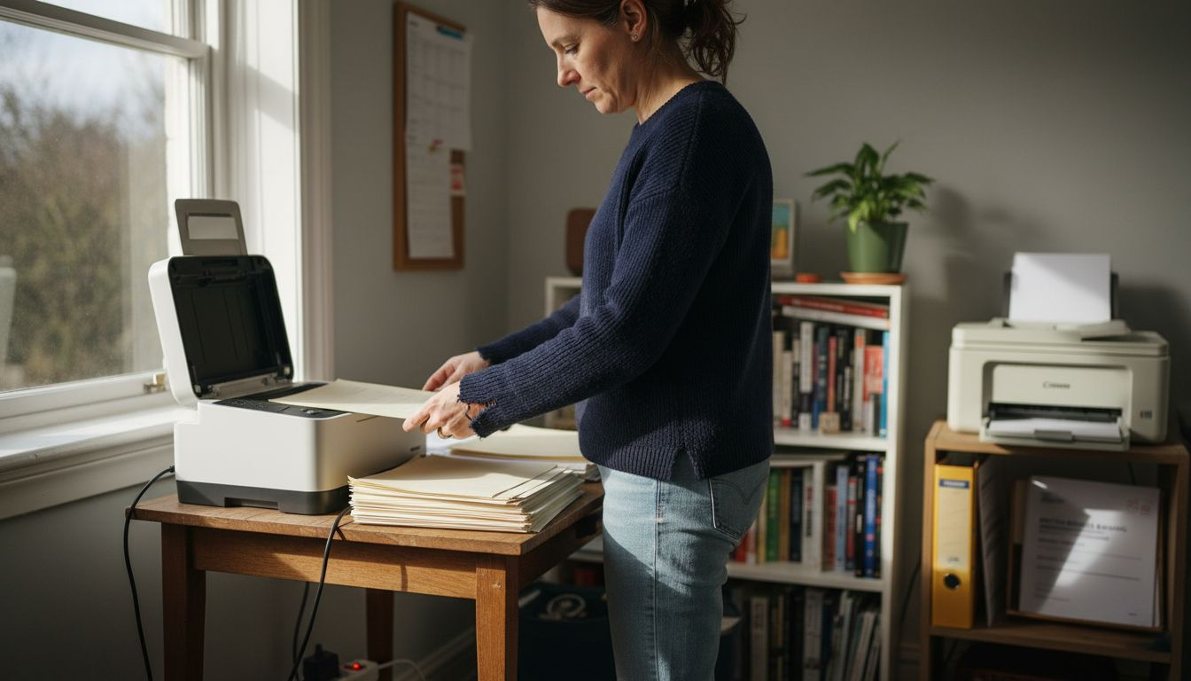Woman organizing tax documents near scanner
