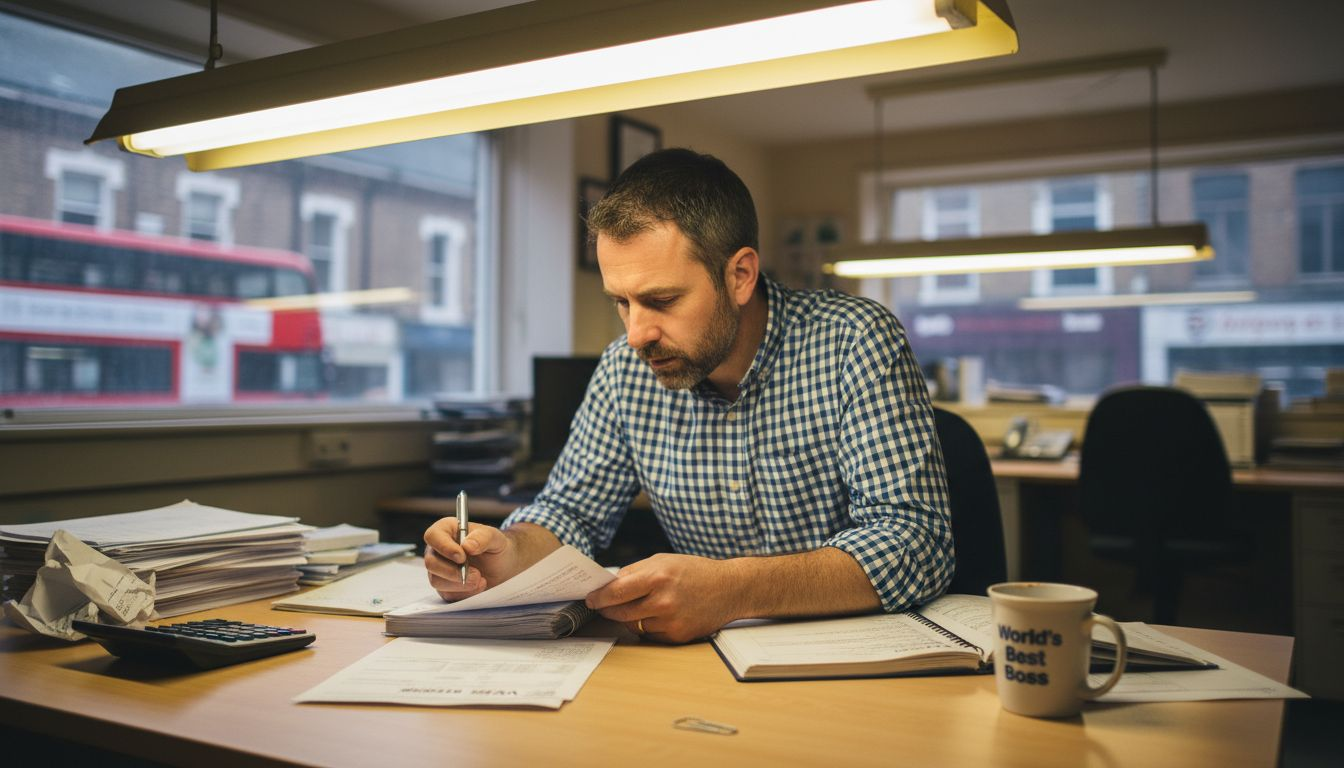 Business owner checking UK bookkeeping paperwork