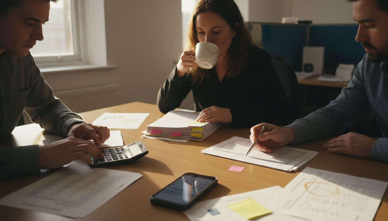 Tax strategy meeting with group reviewing papers