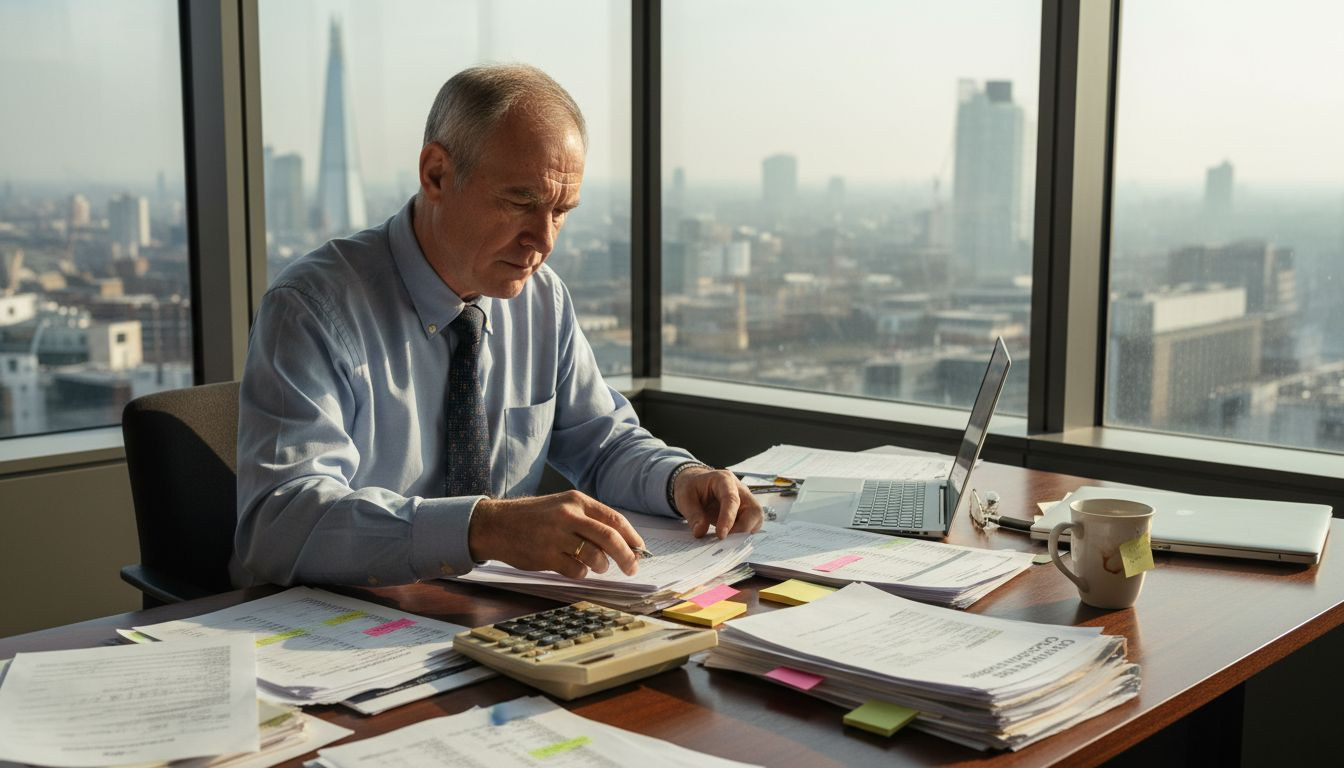 Accountant preparing statutory accounts near London skyline
