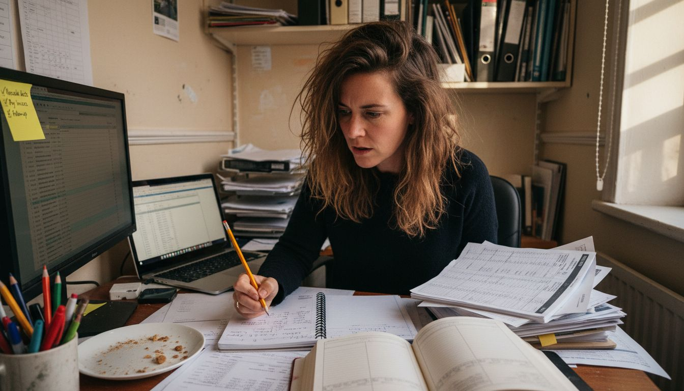 Accountant reconciling account data at messy desk