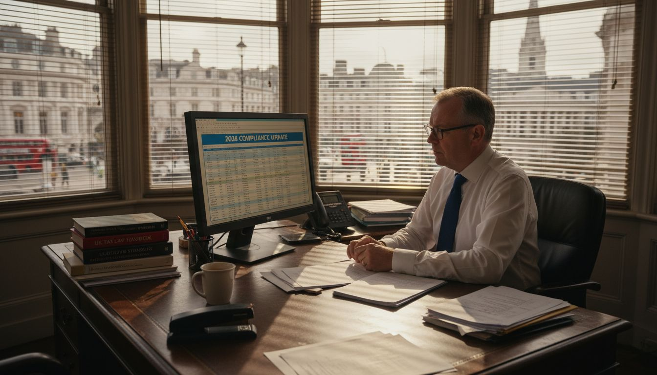 Accountant reviewing 2026 software in London office