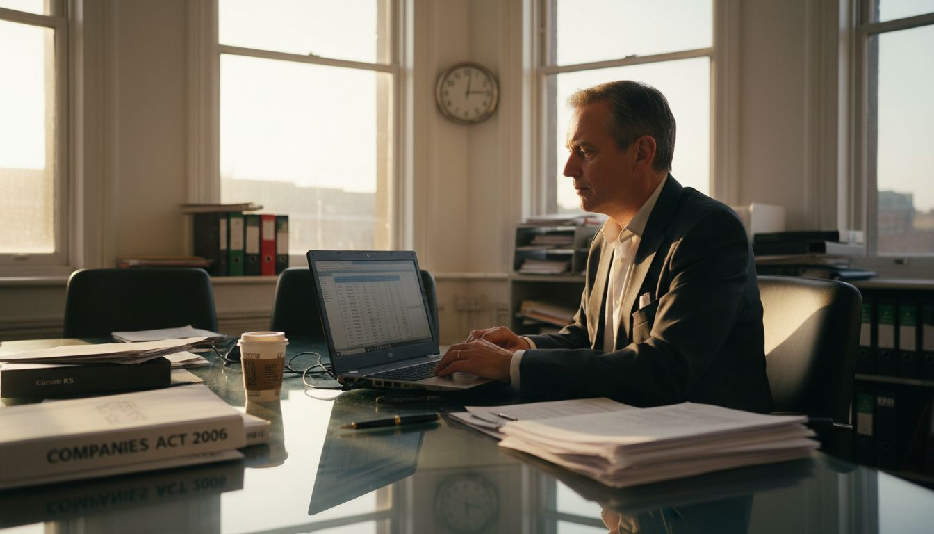 UK director reviewing financial records in office