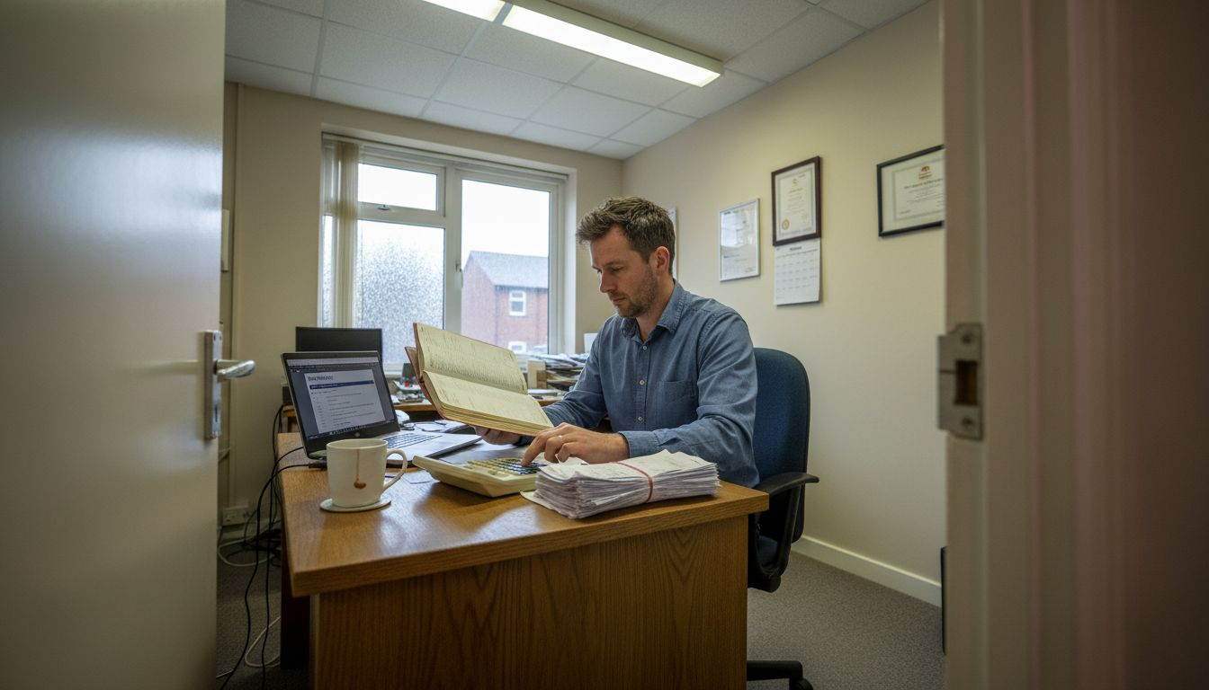 Bookkeeper at desk reviewing small business financials