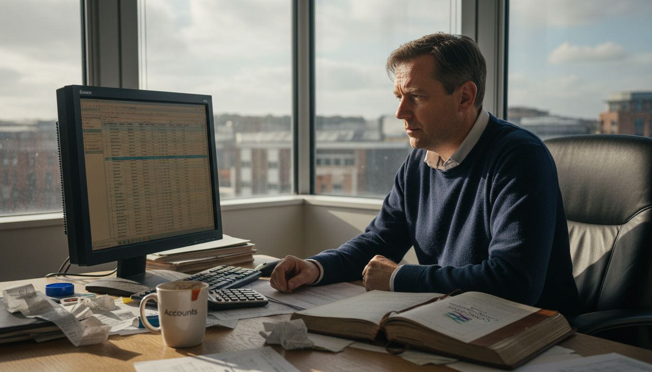 UK SME owner working on bookkeeping reconciliation