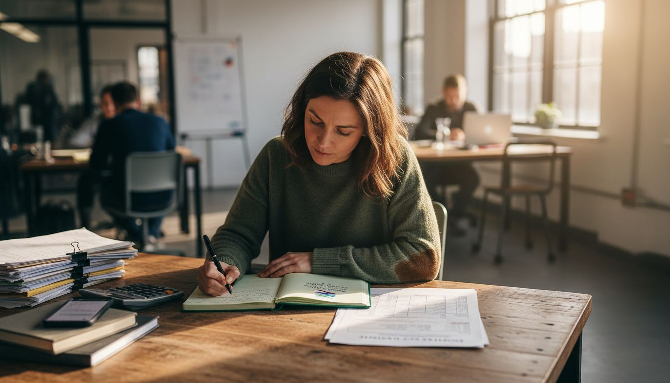 Business owner preparing balance sheet and accounts