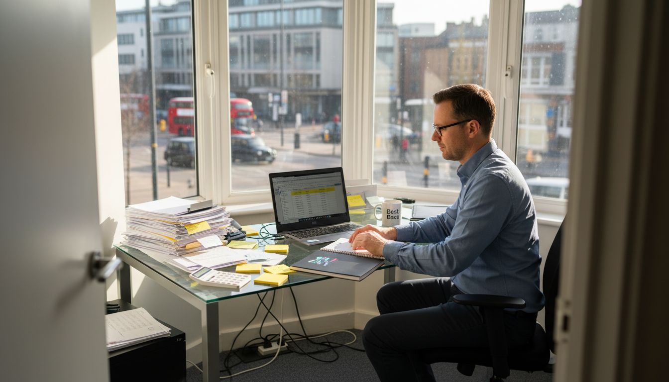 Payroll manager reviewing payslips in UK city office