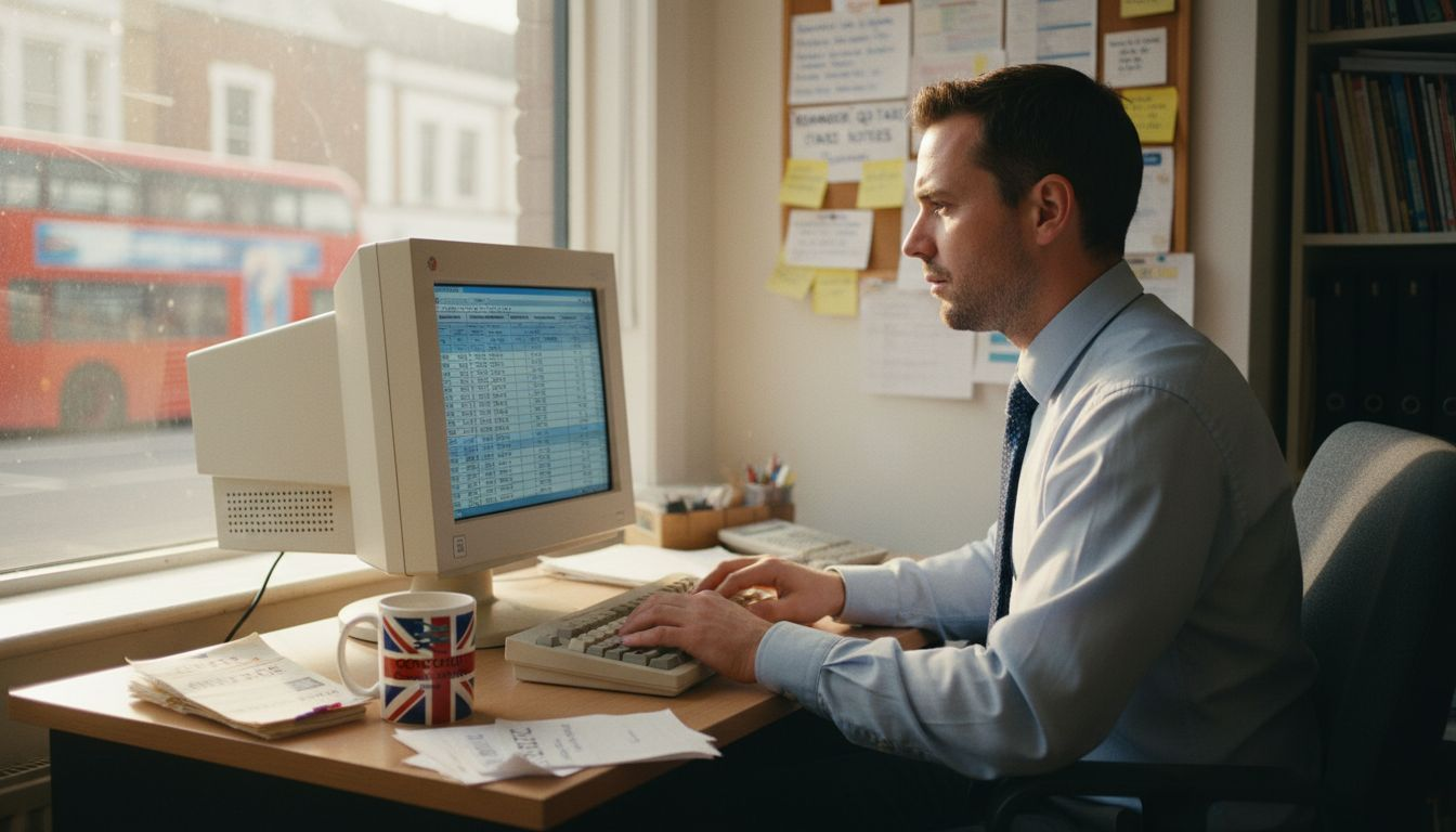 Business owner updates cash flow in office