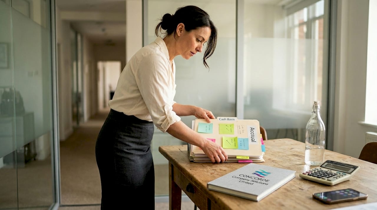 Accountant sorting cash and accrual paperwork