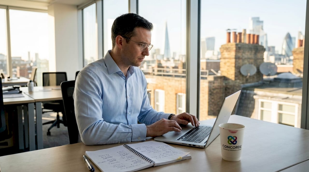 Business owner reviews accounting spreadsheet in office