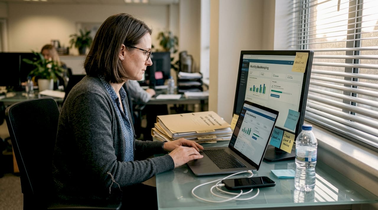 Accountant uploads financial files using laptop