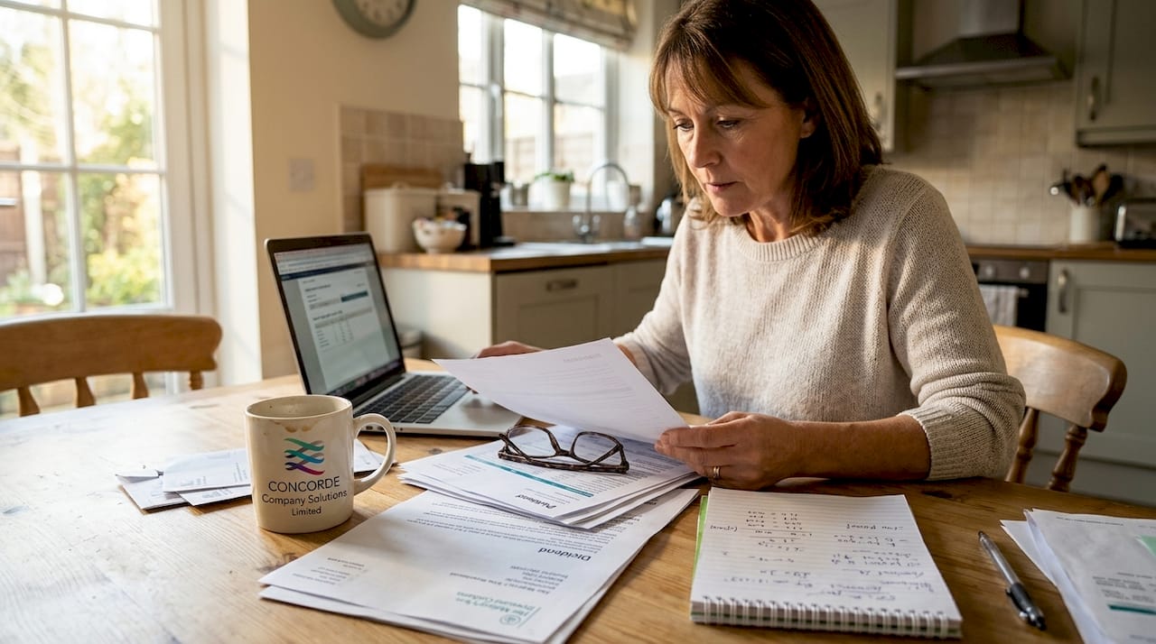 Business owner reviewing dividend paperwork at home