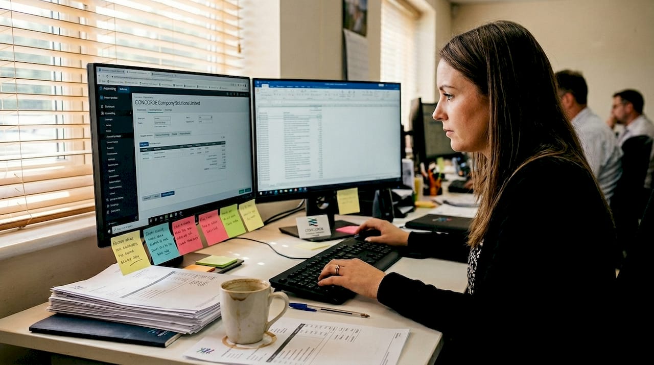 Finance manager updating reports at shared desk