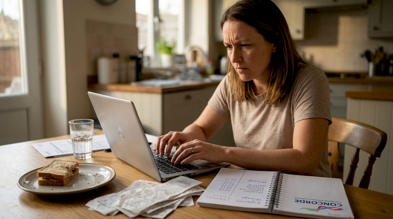 Sole trader organizing expenses at kitchen table