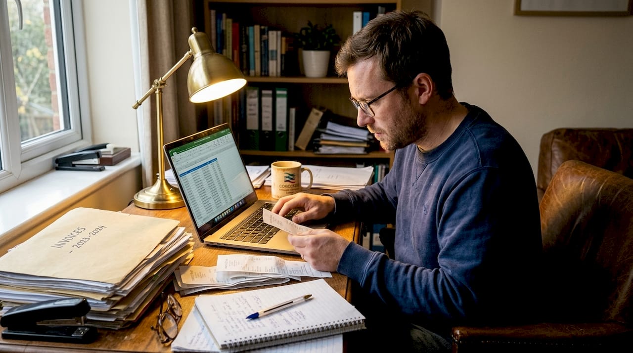 Sole trader updating accounts in home office