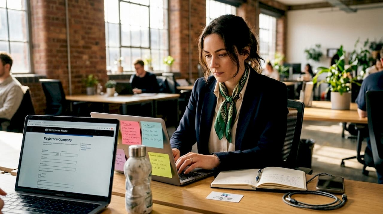 Entrepreneur registering UK company in coworking office