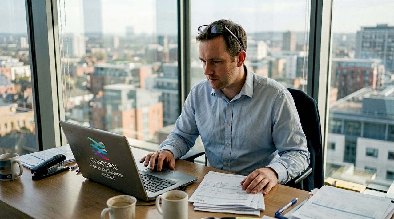 Business owner reviews audit papers in office