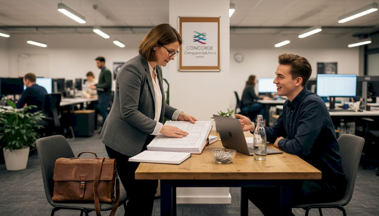 Auditor reviews ledgers with finance staff