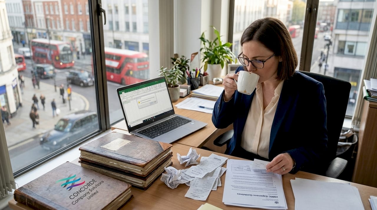 Business owner sorting expenses in UK city office
