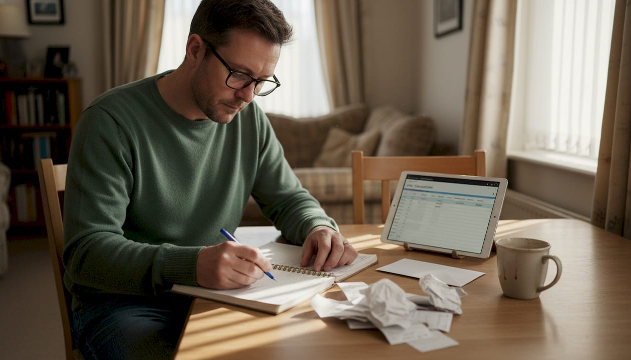 Tradesman recording payments in business ledger