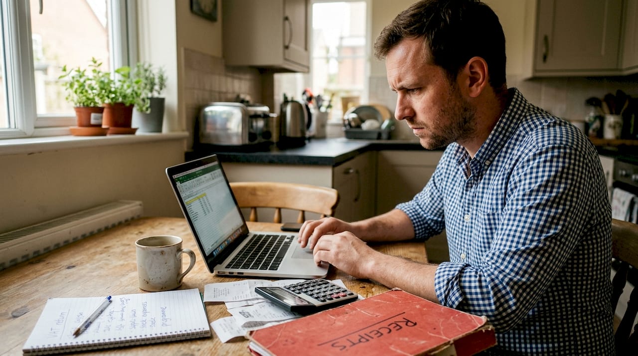 Business owner calculating profits on laptop