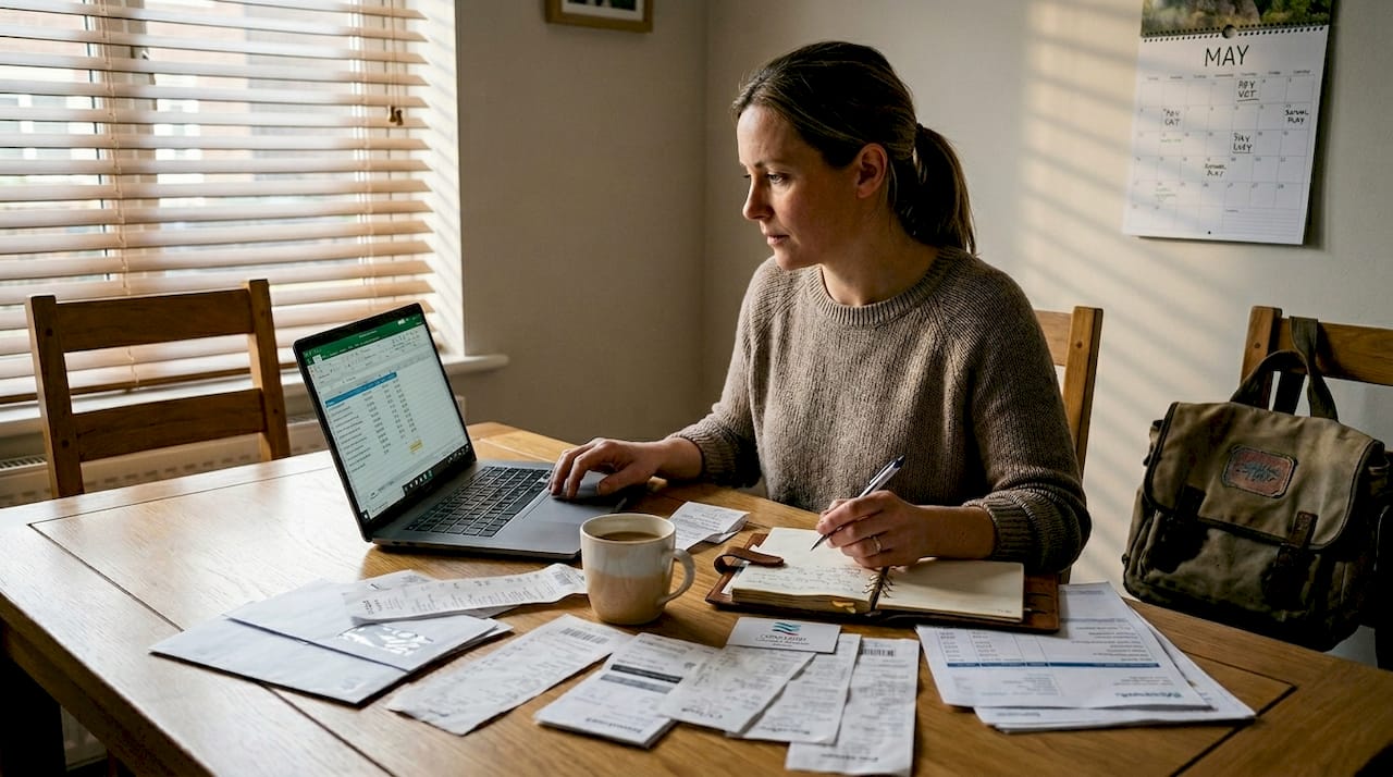 Small business owner logging receipts at home