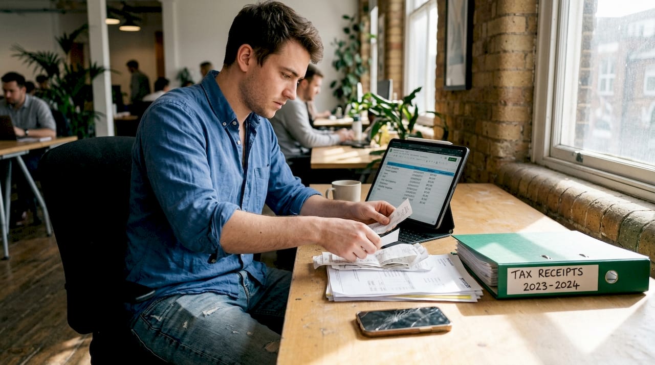Person sorting receipts for bookkeeping setup