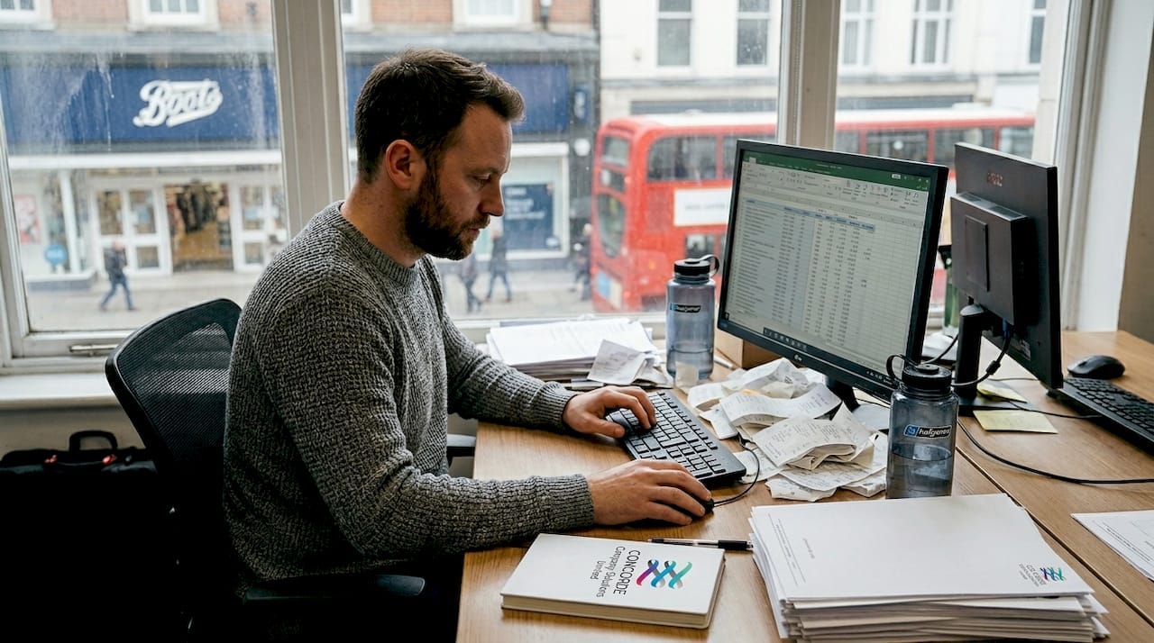 Accountant reviewing digital ledger in UK SME office