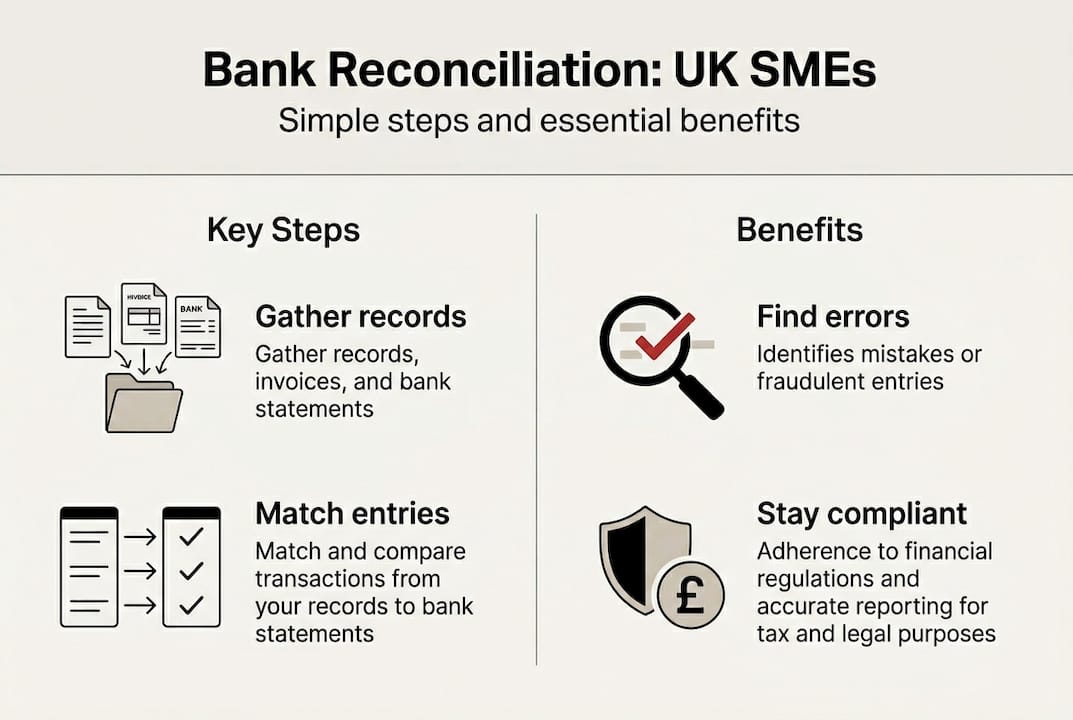 Infographic summarising bank reconciliation steps and benefits