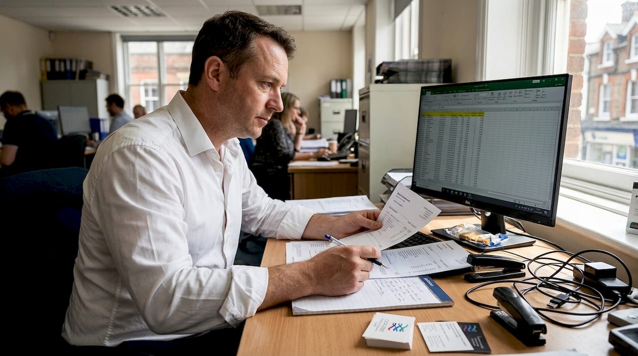 Bookkeeper reviewing printed statements and spreadsheet