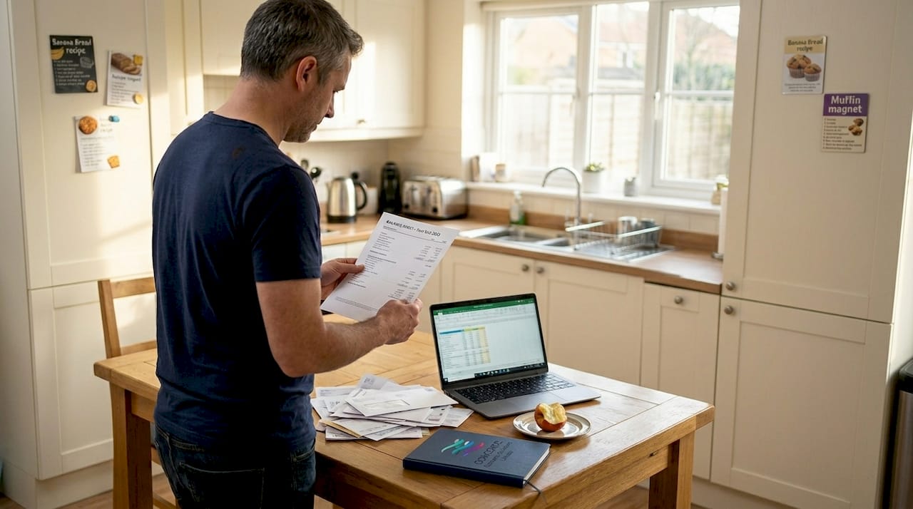 Small business owner reviewing printed balance sheet