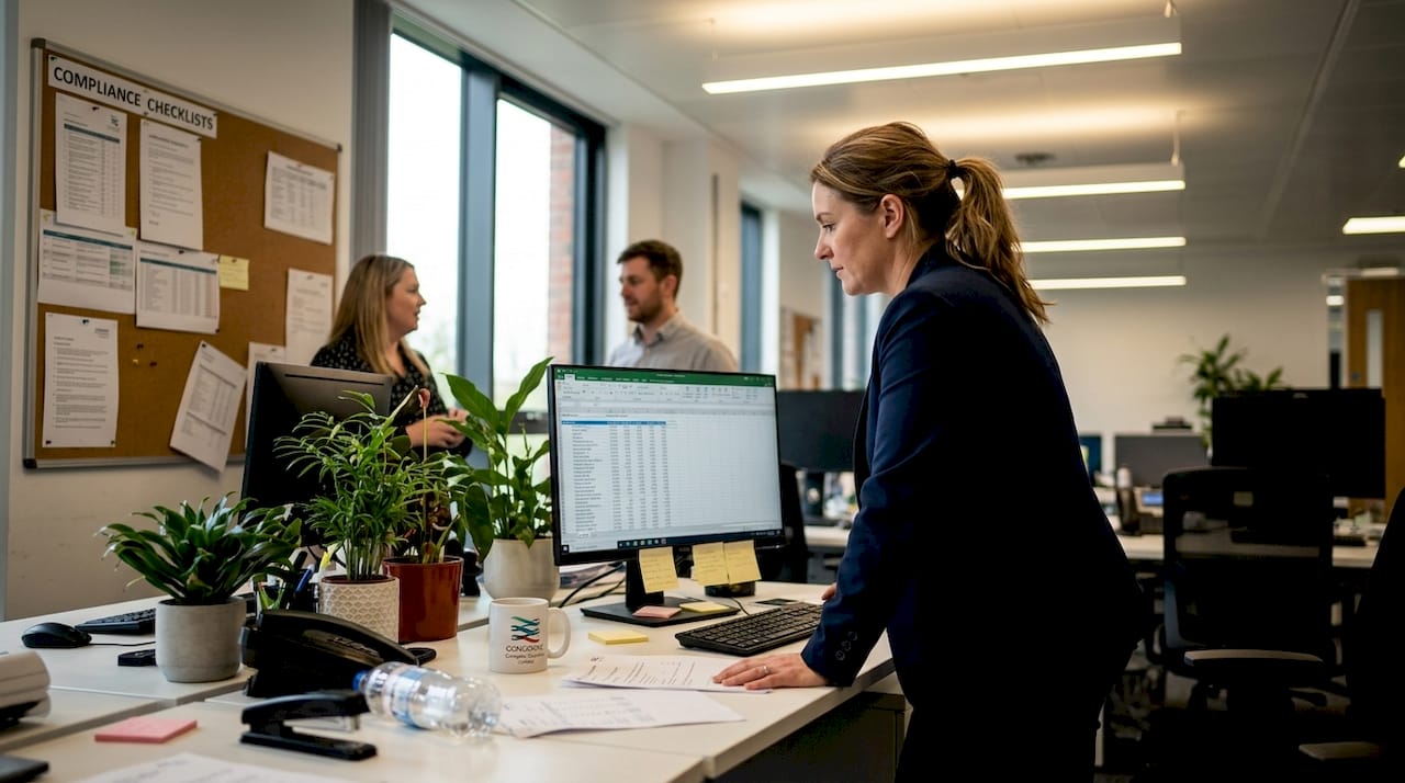 Manager reviews payroll reports in busy office