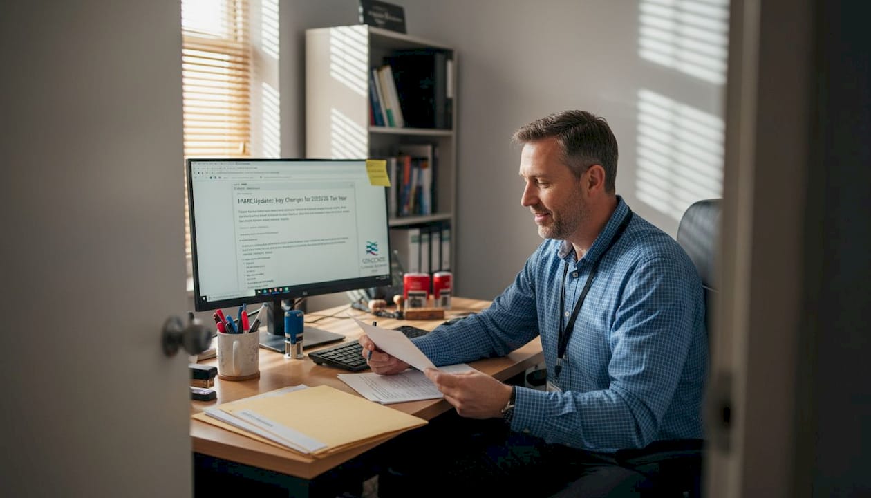 Business owner checking compliance checklist at desk
