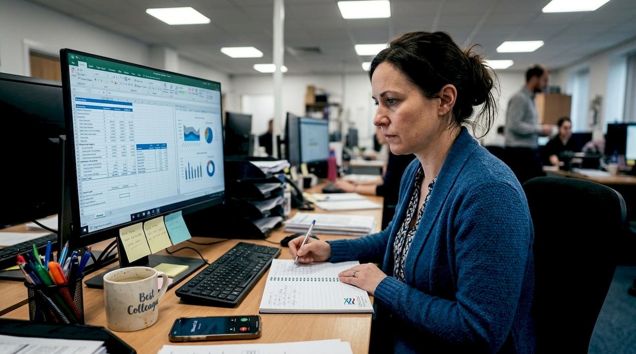 Accountant reviews digital records and notes