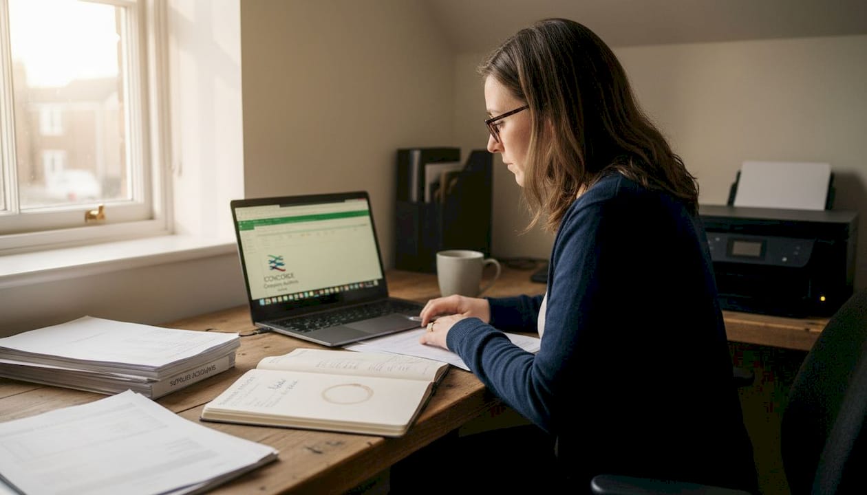 Bookkeeper reviewing financial records at UK office desk