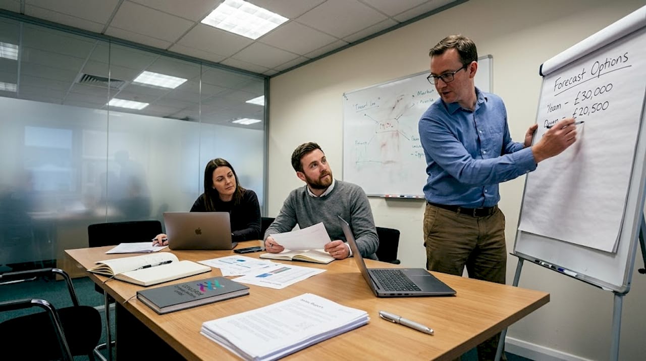 Team discussing sales forecasts at office table