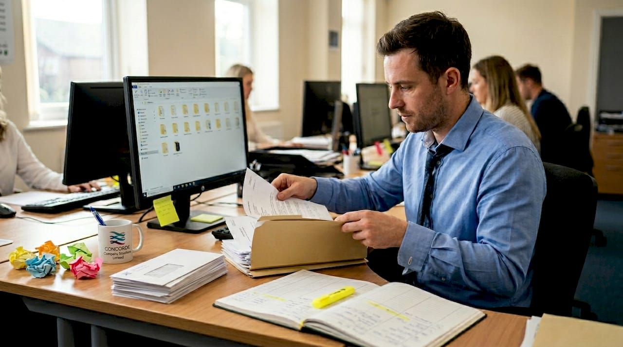 Administrator filing accounting records in office