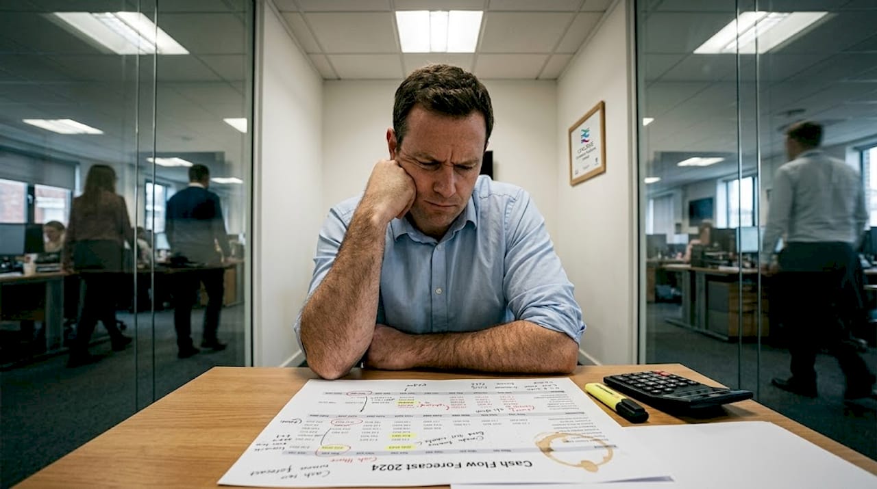 Office worker reviews printed cash flow forecast