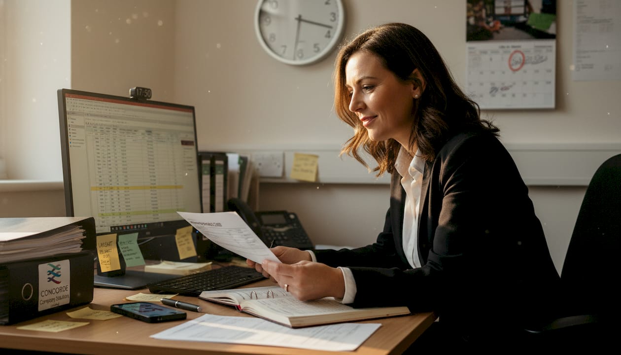 Accountant stressed double-checking tax deadline paperwork