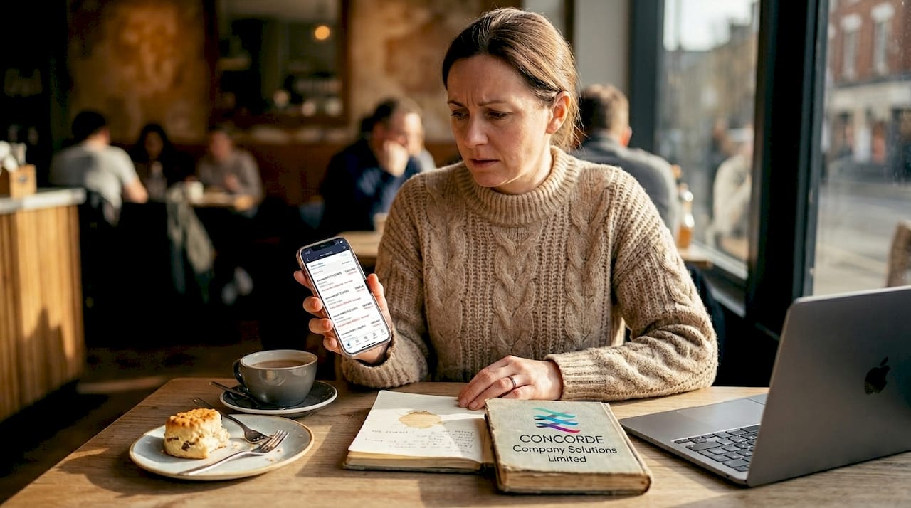 Sole trader checking late payments in café