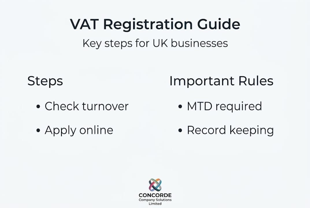 Infographic summarizing key VAT registration steps and rules