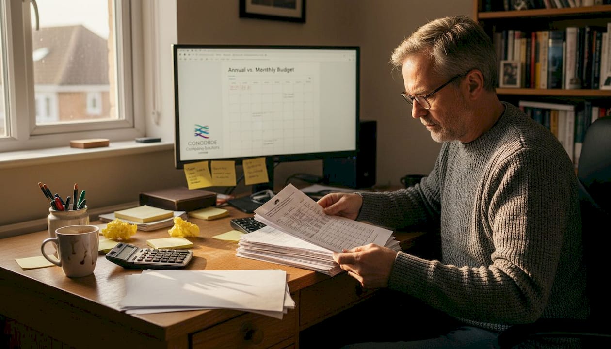 Man comparing annual and monthly business budgets