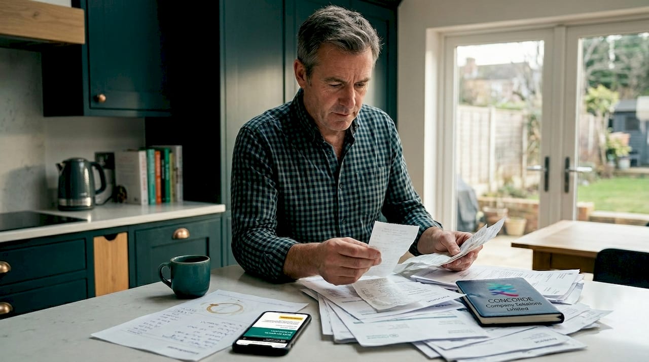 Business owner sorting tax receipts in kitchen