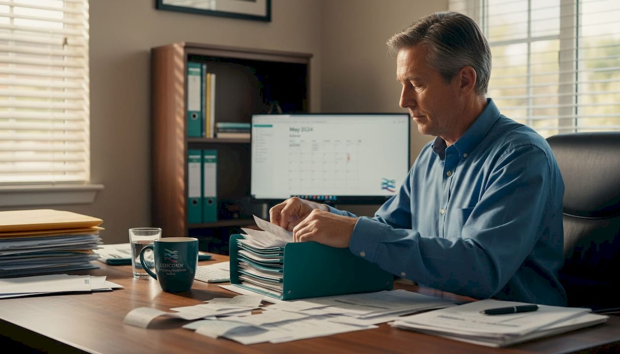 Man filing expense papers in home office