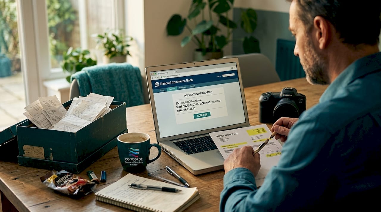 Man paying supplier online at home table