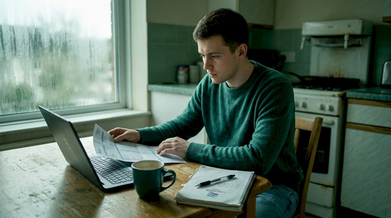 Employee reviews payslip at kitchen table