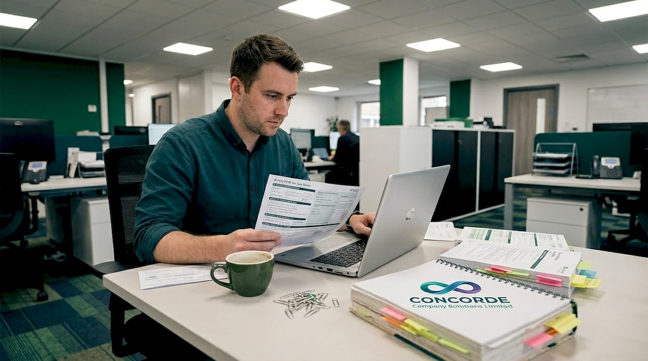 Payroll specialist reviewing tax forms at desk