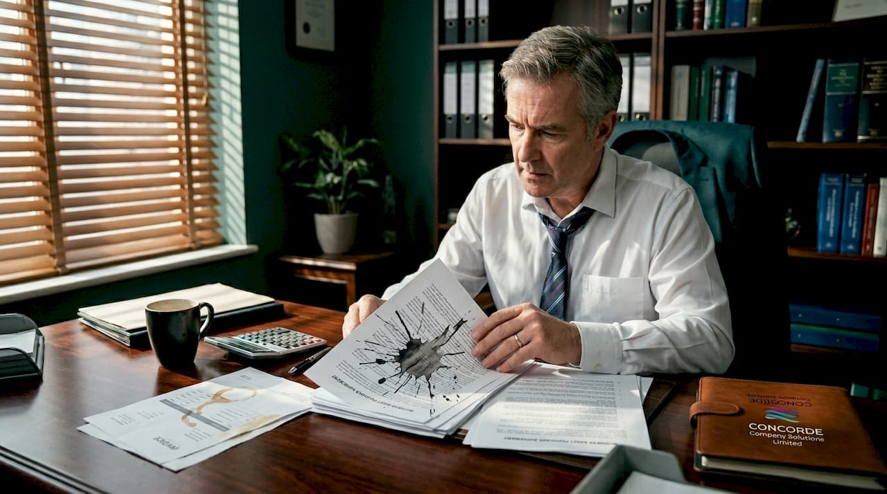 Man reviews asset purchase paperwork in office