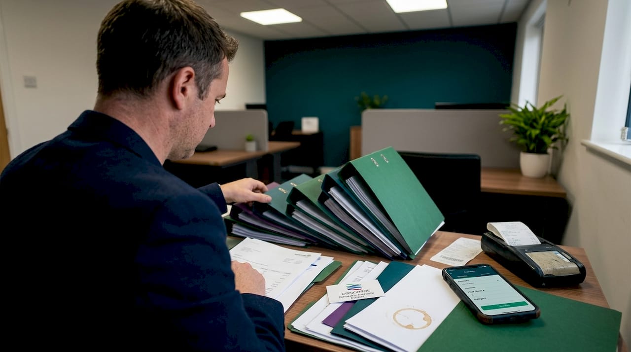 Man organising business expense records in office