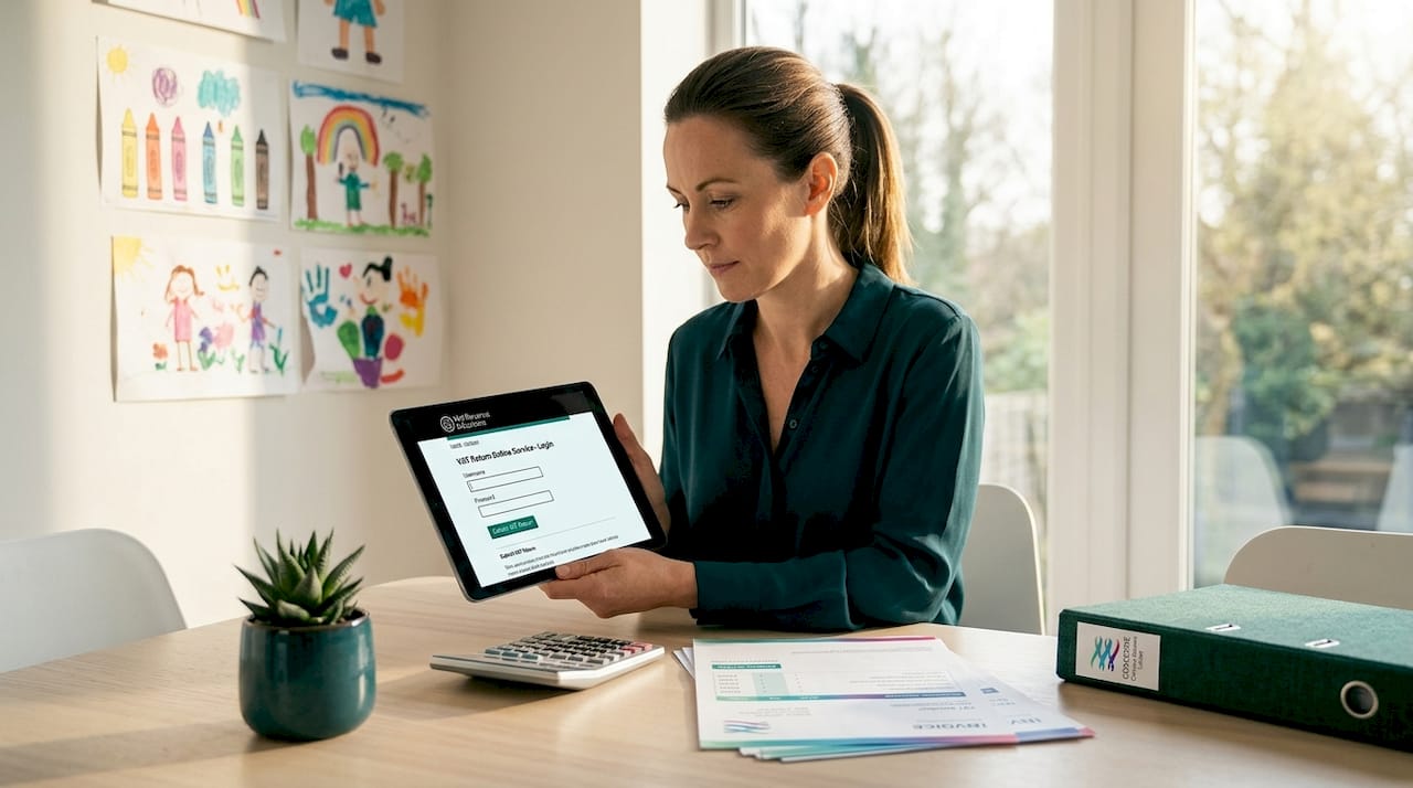 Woman submitting VAT return on tablet at kitchen